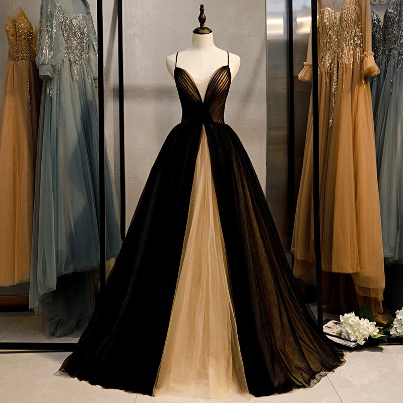 Black Golden Tulle Banquet Evening Dress Sexy Temperament Sleeveless Tie  Back Princess Dresses Birthday Dinner Prom Gown | Shopee Malaysia