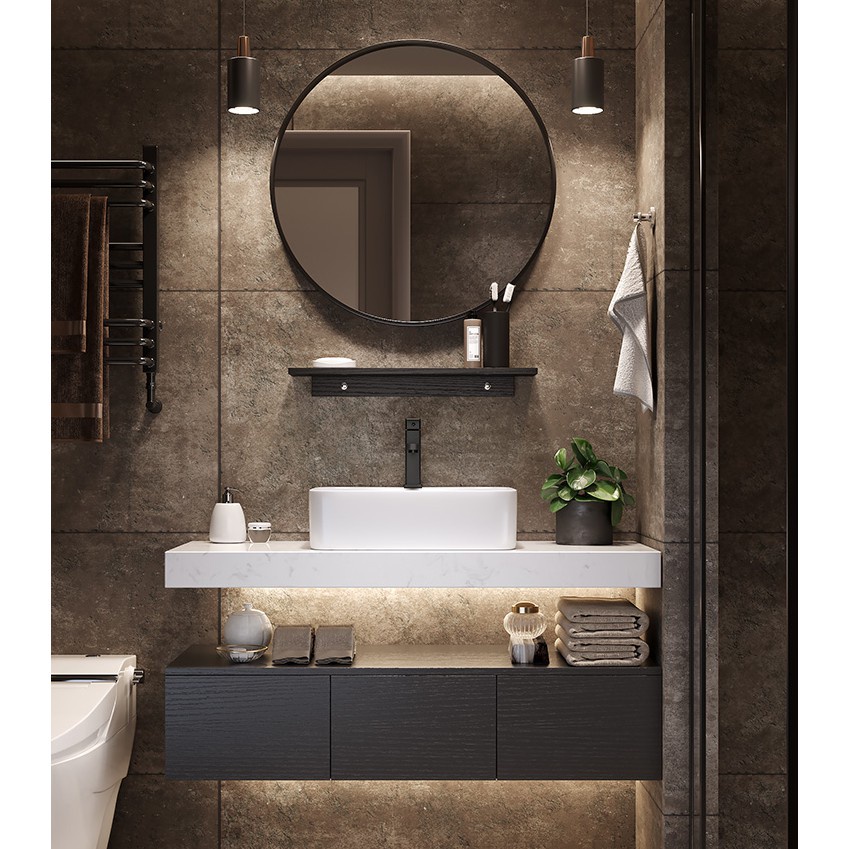80cm BLACK Toilet with Mounted Mirror Top Basin Shelving Sink