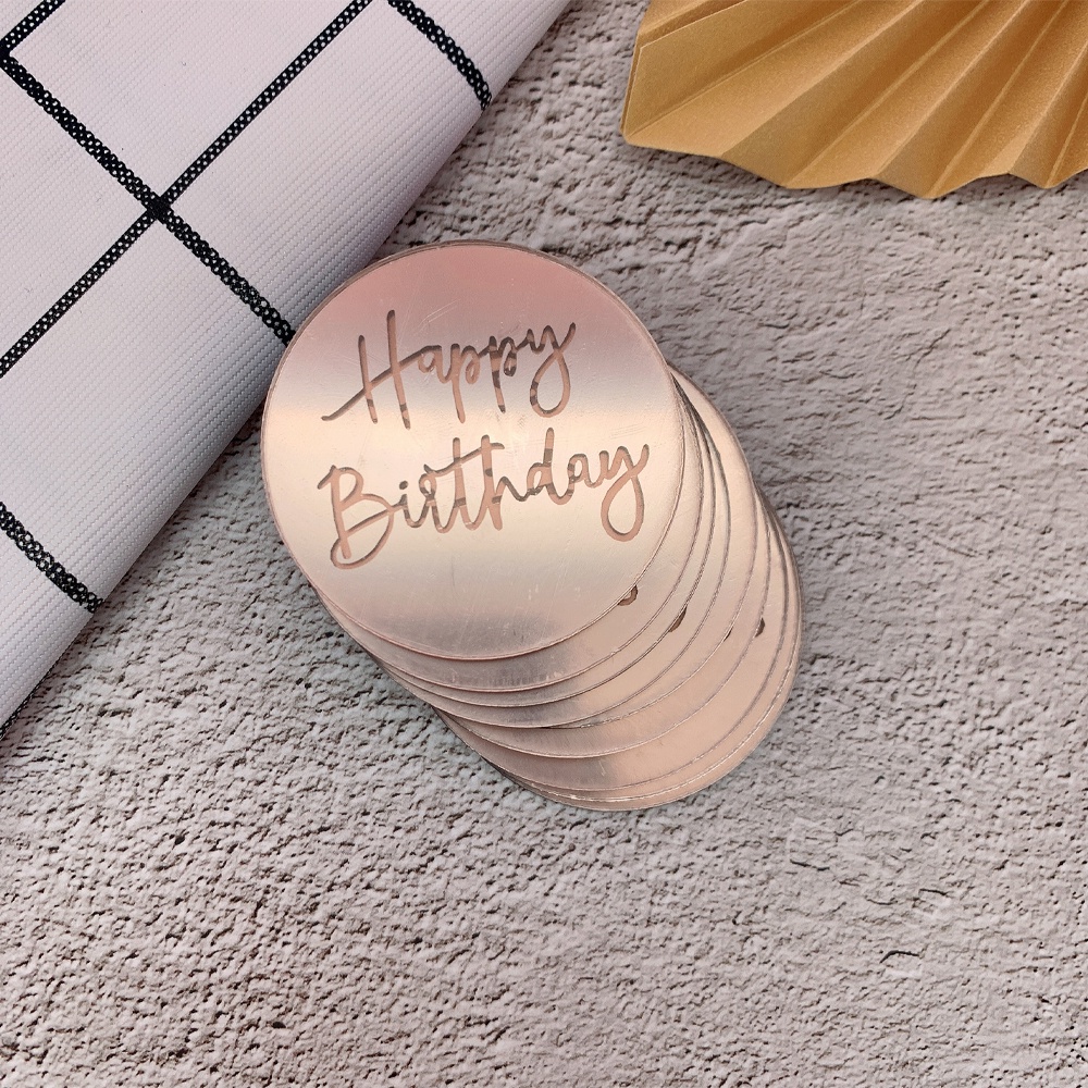 10Pcs Acrylic Rose Gold Silver Happy Birthday Cake Topper Circle ...