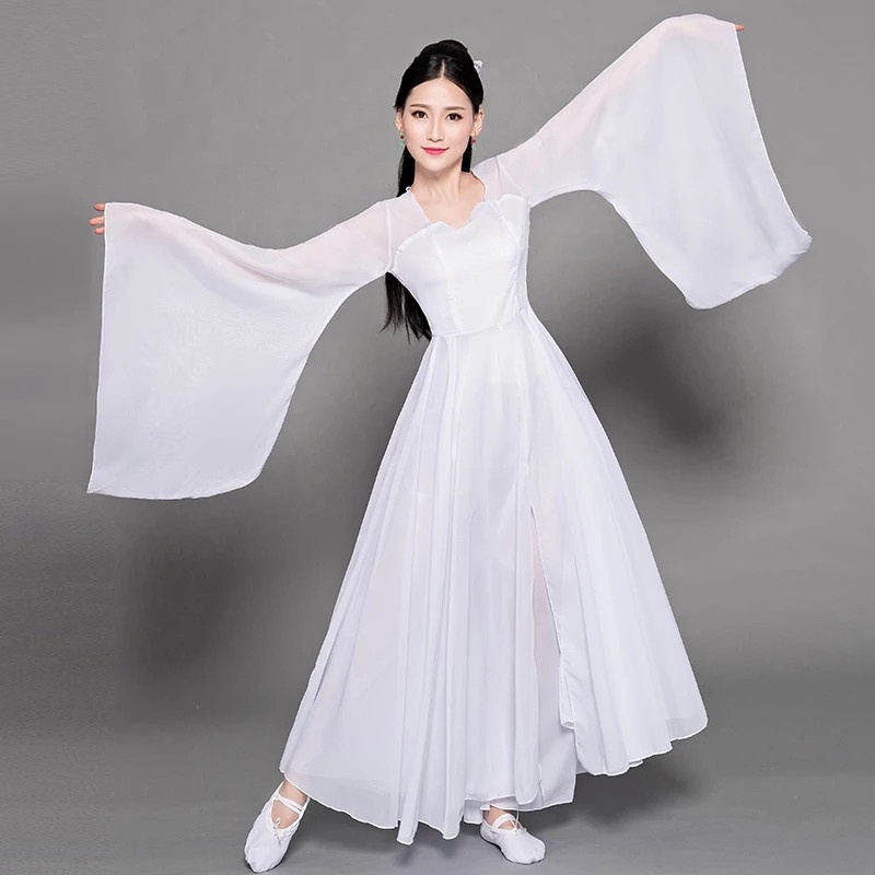 Chinese Traditional Hanfu Women Folk Dance Costume Wide Sleeve Chiffon Party  Dress Ancient Fairy Stage Outfits