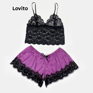 Essential Item) Lovito 2Pcs Sexy Sleepwear Pajama Set Lace