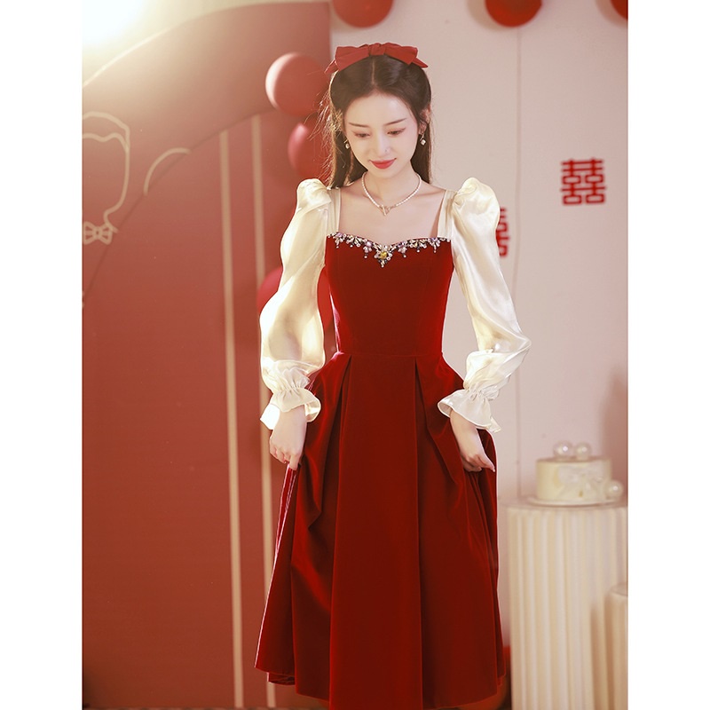 Wine Red Velvet Bride Wedding Dress Long Sleeve Square Neck Rhinestone