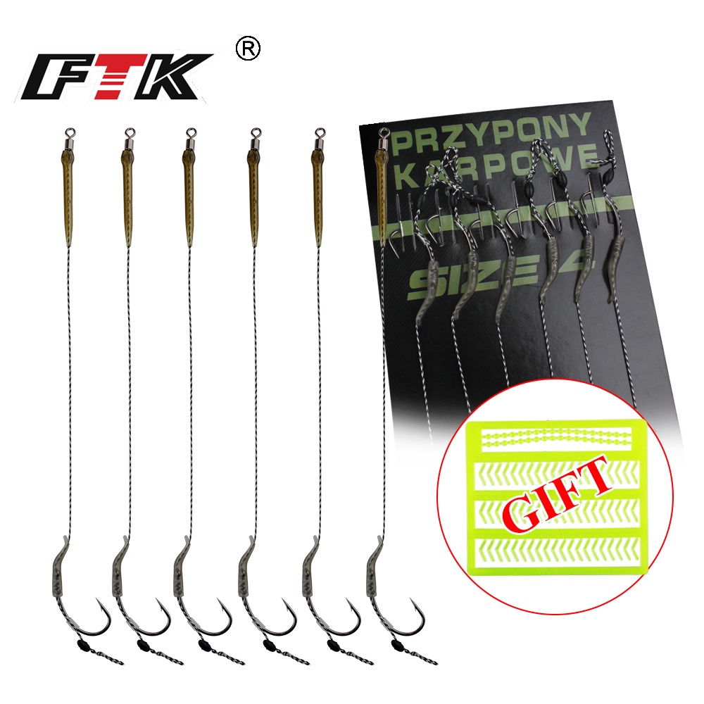 FTK 1Pack/6pcs Carp Fishing Hair Rigs Assorted Hand Tied Carp Fishing Hooks  Size 2#4#6#8# Fishing Tackle Accessories