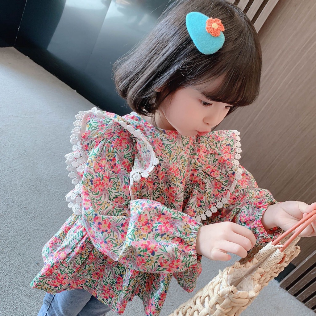 2023 Baby Girl Long Sleeve Shirt Cotton Floral Blouse Puff Sleeve Top