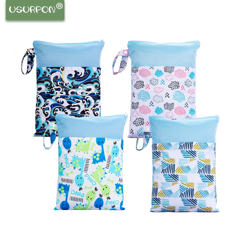 [usurpon] 25*35cm Wet Dry Bags Double Pocket Zipper Wet Bag For Baby