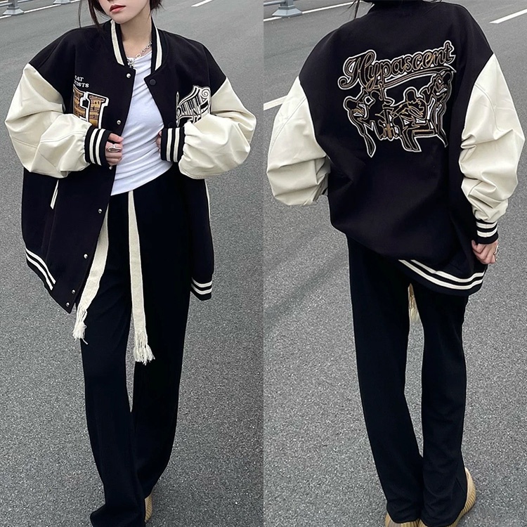 American Baseball Jacket Women Retro Loose Baseball Uniform Letter Print Long Sleeve Coat