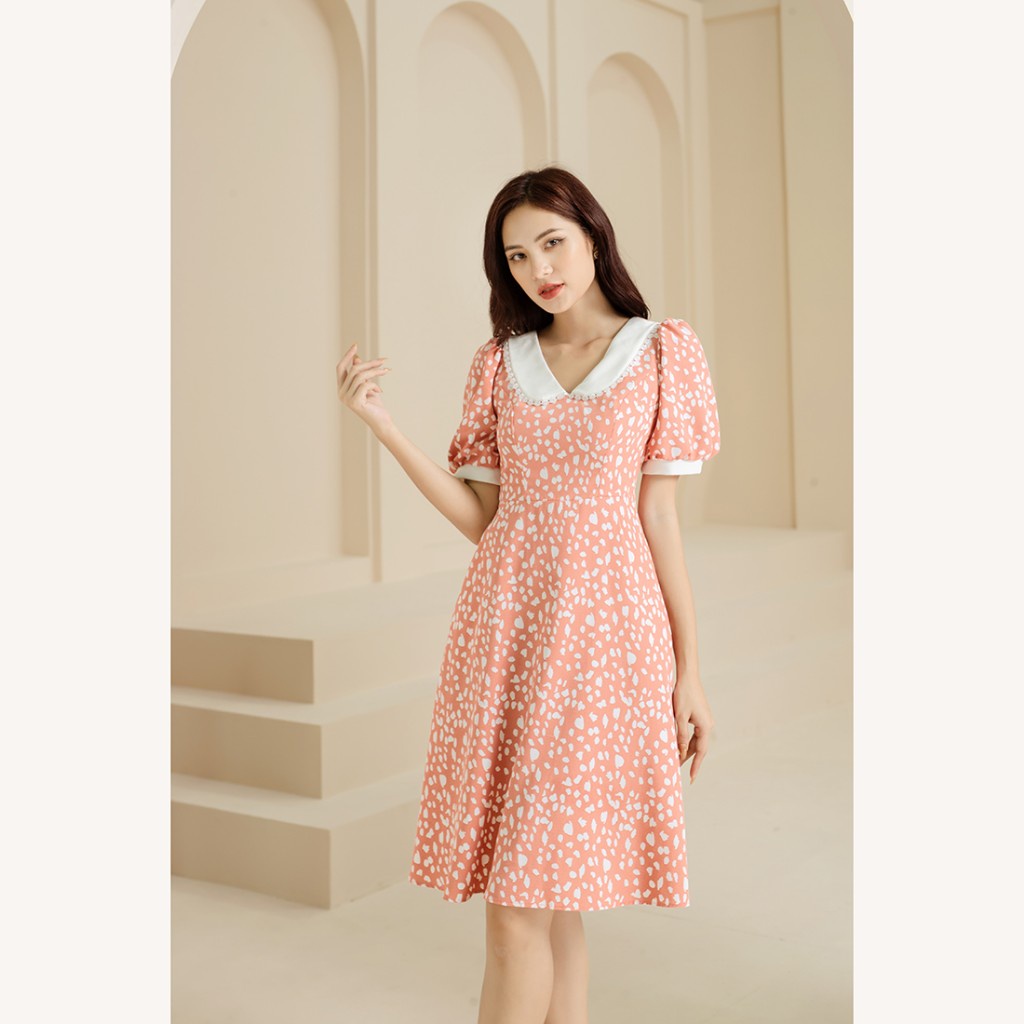 2-layer princess flared dress with puffed sleeves and lotus neck design ...