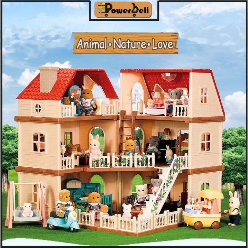 POWERBELI Stomle Family Cozy Cabin Pretend Dollhouse Playhouse