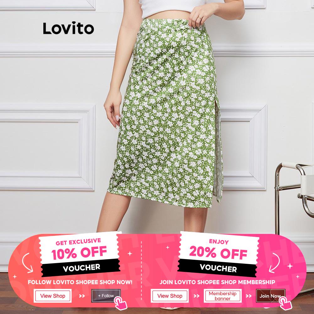 Lovito Cute Floral Print Split Thigh Women Skirts L08213 Green Blue Red Shopee Malaysia