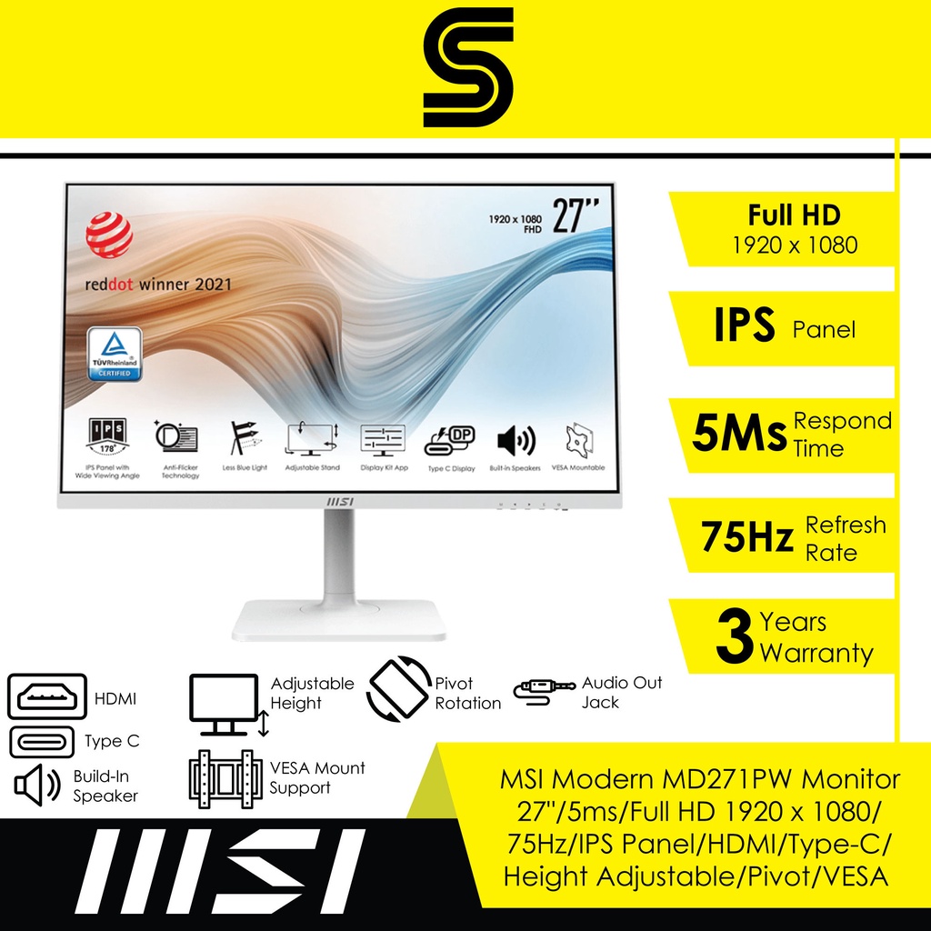 MSI Modern MD271PW Monitor 27"/5ms/Full HD 1920 x 1080/75Hz/IPS Panel ...