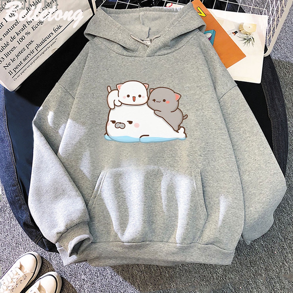 Kawaii Women'S Clothing Peach and Goma Mochi Cat Cartoon Print Hoddies ...