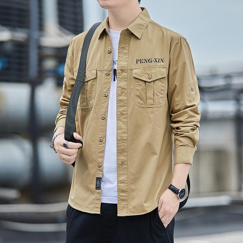 Cotton Men's Long Sleeve Shirt Male Breast Pocket Tide Leisure Shirt Autumn Wear Sports Lapels Top
