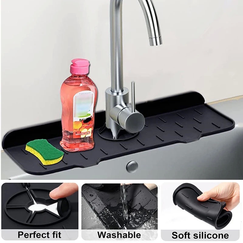 Kitchen Sink Splash Guard, Silicone Faucet Handle Drip Catcher Tray