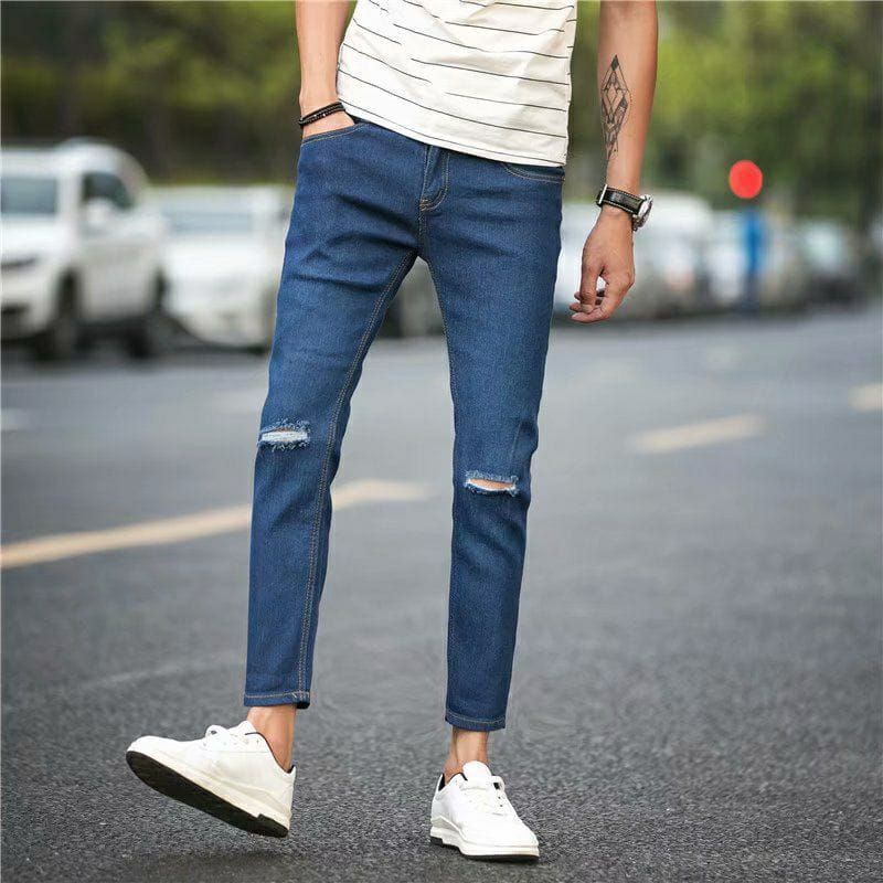 Hen Hole Jeans koyak Lelaki Denim Slim Ripped fit Selar Biker kurus ...