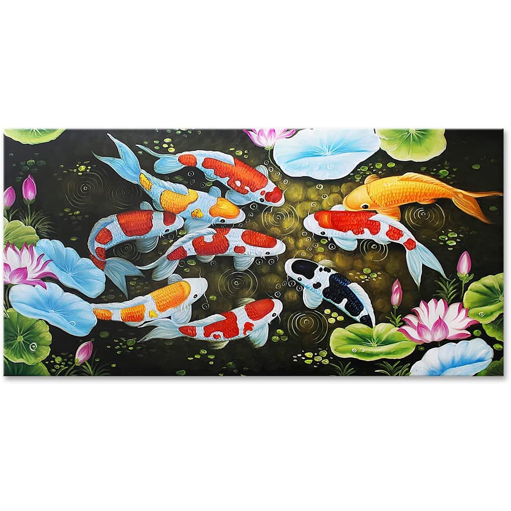 Nine Koi Fish Feng Shui Carp Lotus Pond Picture Painting On Canvas ...