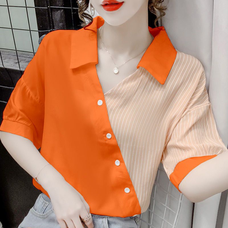 Short Sleeve Chiffon Shirt Women Stitching Striped Temperament 2023