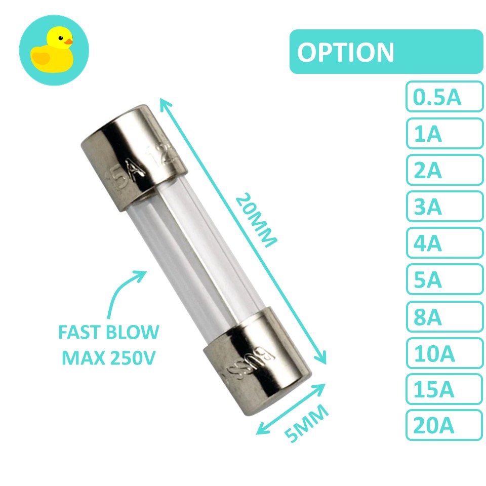 5pcs - 5x20mm Fast Blow Glass Cartridge Fuse 0.5A - 20A 250V | Shopee ...