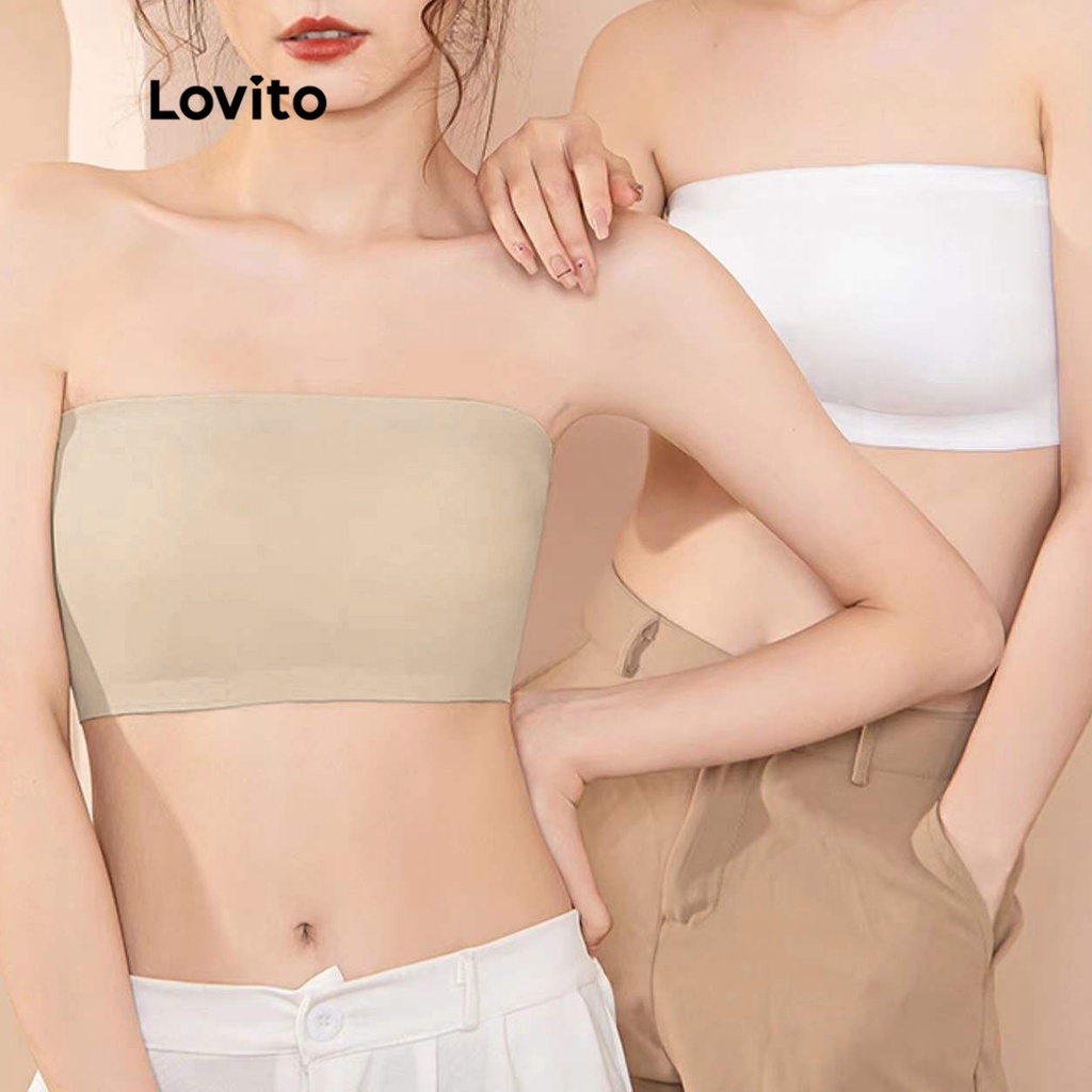 Lovito Casual Lace Strapless Sexy Bandeau Tube Crop Bra L00312 (Beige  /Black) Lovito Bra Crop Tabung Bandeau Seksi tanpa Tali Berenda Kasual