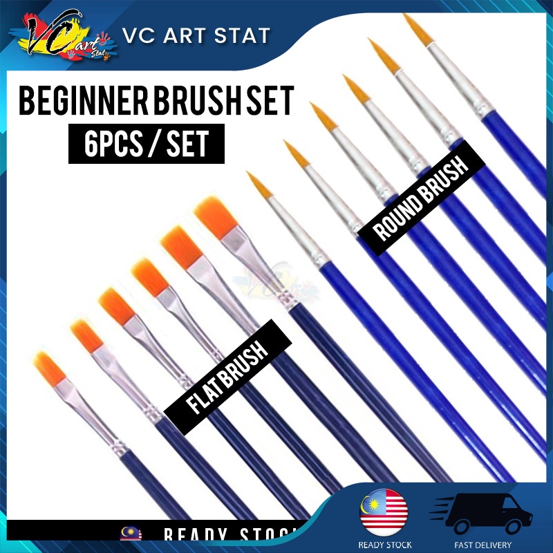 VC Art 6pcs/10pcs Nylon Brush Set Economy Beginner Halal Flat Brush