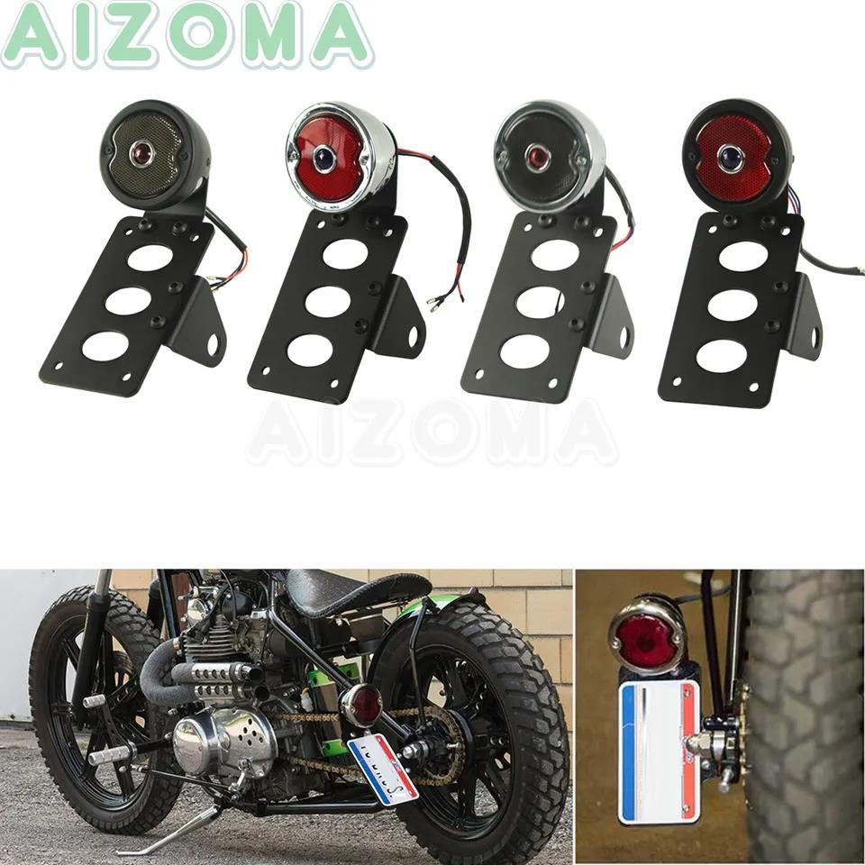 HTTMT Motorcycle Side Mount License Plate Bracket With LED Brake Light – Chrome, Fits 1” Or 7/8” Axles