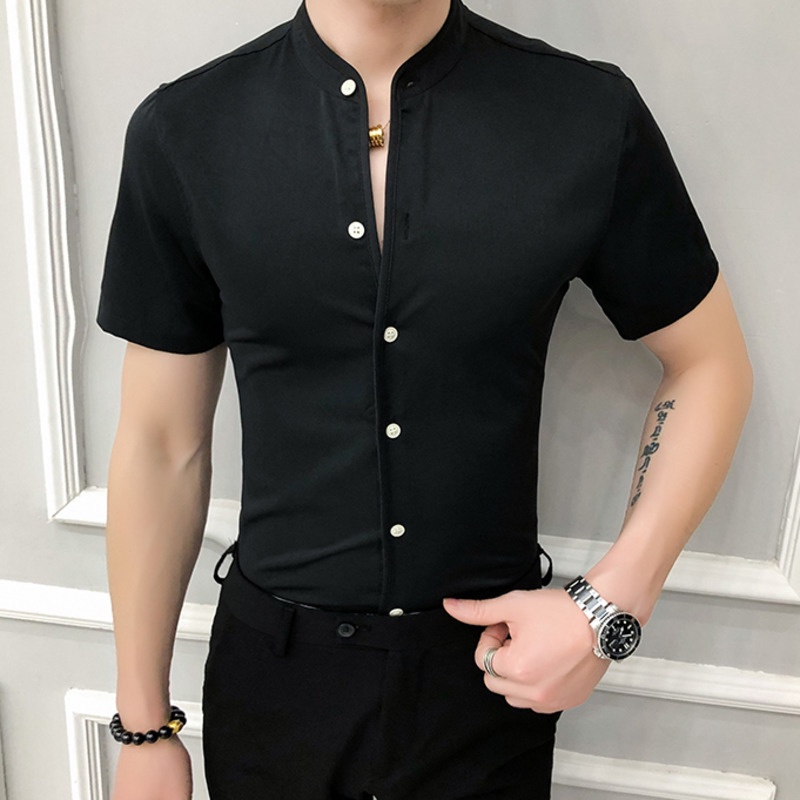 Slim Fit Shirt Men Summer Plus Size Mandarin Collar Casual Short Sleeve ...