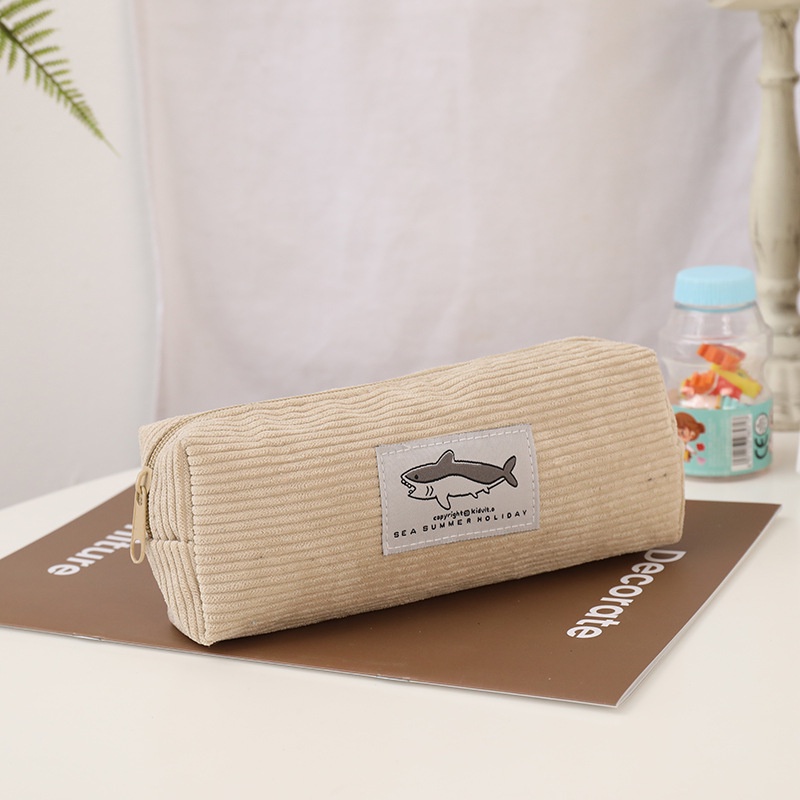 Korean Cute Shark Corduroy Penci Bag Large Capacity Dirty Pencil Case