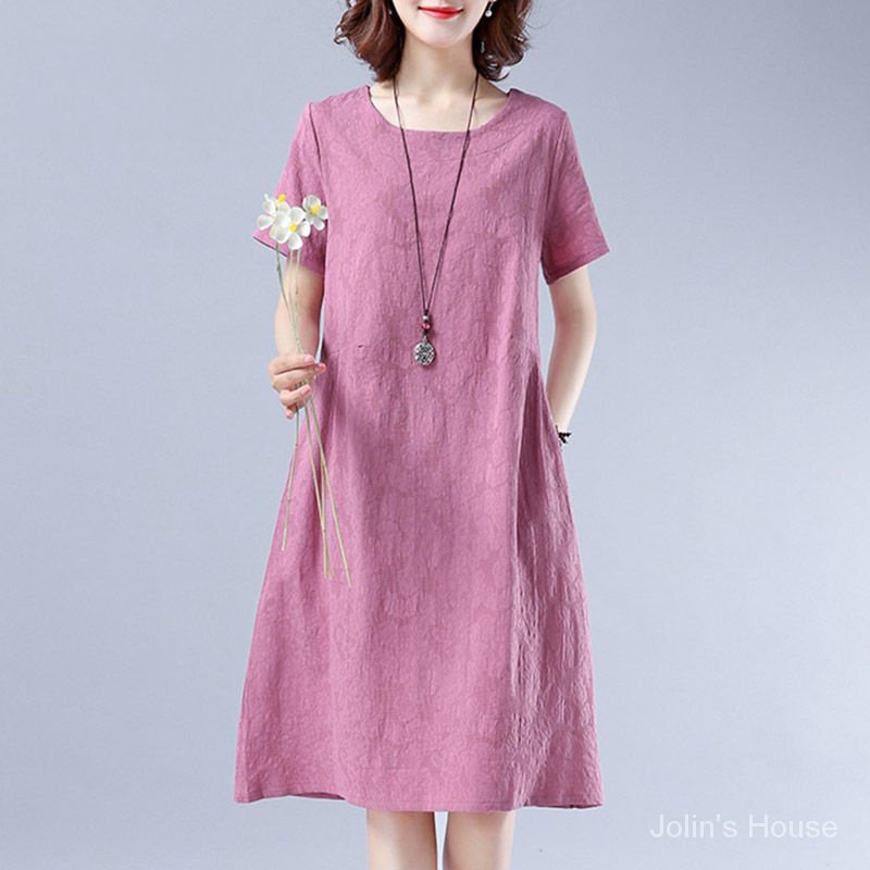 J537👗👗Cotton Linen Short-Sleeved Dress Loose Slimmer Look Literary ...