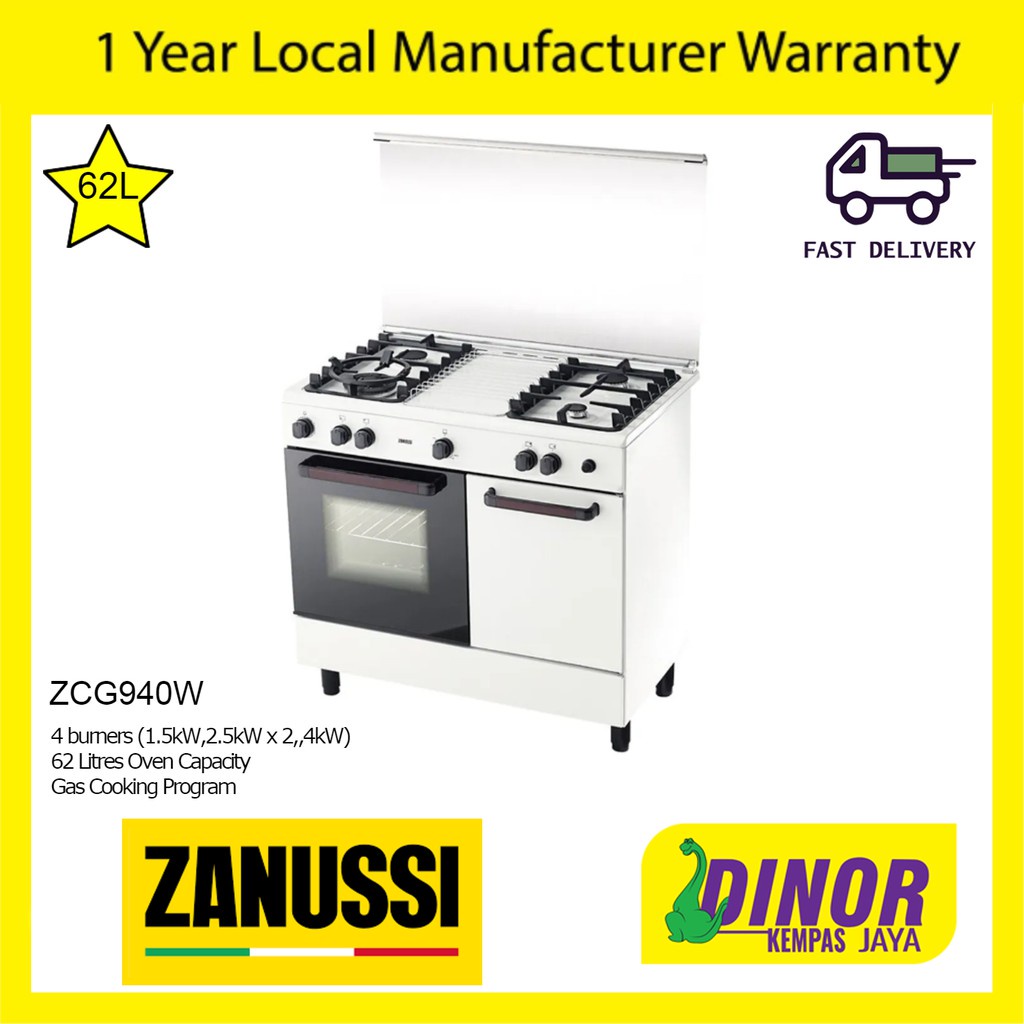 Zanussi 62L Freestanding Gas Cooker ZCG940W 4 Gas Burners / Gas Oven