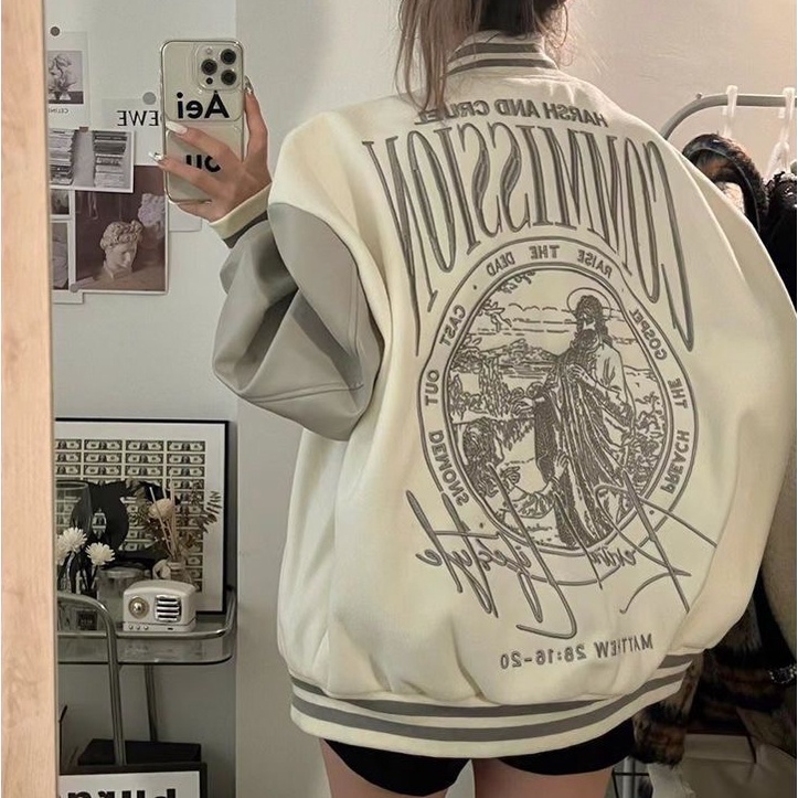 American Patchwork Baseball Jacket Women Loose Coat Retro Casual Baseball Uniform Shopee Malaysia