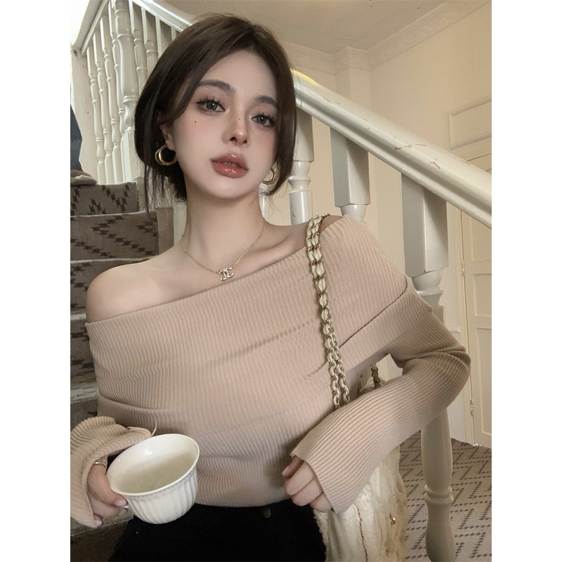 Sezo Korean Fashion Womens Sexy One Line Neck Long Sleeved Sweater Womens Thin Off Shoulder