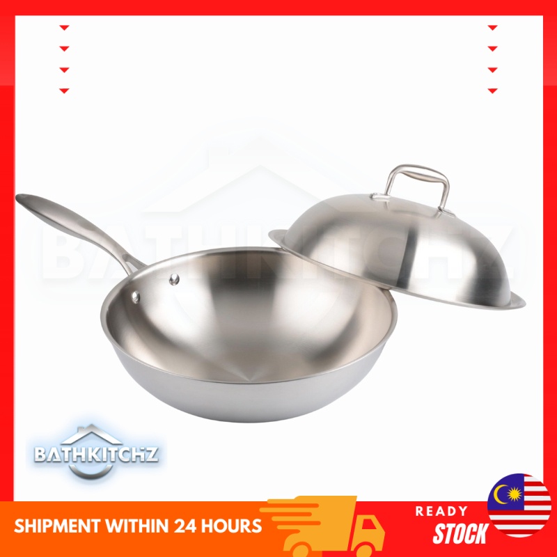 BATHKITCHZ Fully SUS 304 Wok 32/34cm Woks Kitchenware Solid 304