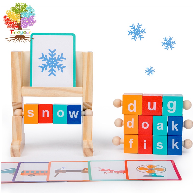 Wooden Reading Blocks Sight Words Flash Cards Spelling Games Short Vowel Rods Turning Rotating