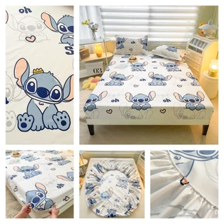 3 IN 1 Cartoon Style Cadar Bed Sheet Cute Stitch Print High Elastic Band Fitted Sheet Single/Super Single/Queen King/Super King Size All-Included Bed Cover Pillowcase