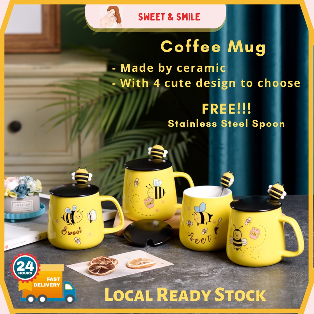 Cute Bee Design Mug Quality Finishing with Cover and Spoon Cawan ...