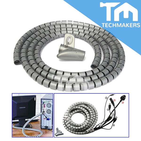 Cable Management For PC 8mm-42mm Spiral Binding Cable/Cable Holder Organiser/Cable Wrap Tidy Sleeve Grey Kit
