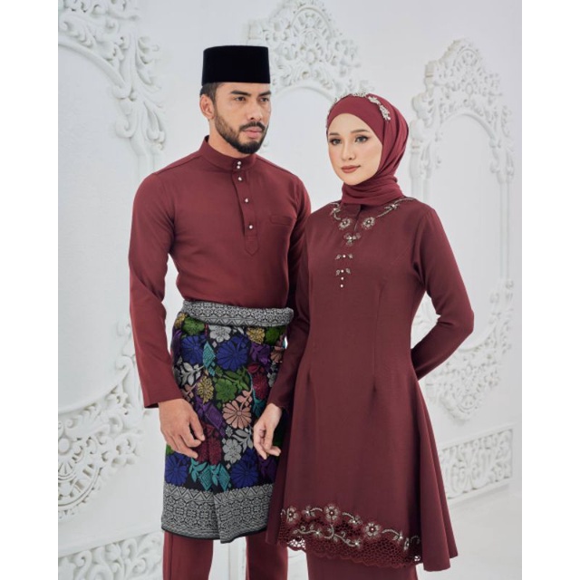 2023 NEW OFFER Odelia Kurung Pahang + Baju Melayu Set Myravallyn Maroon ...