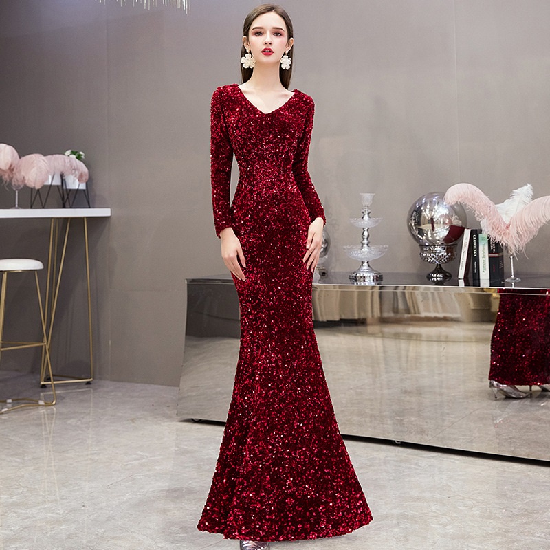 Wine Red Sequin Banquet Evening Dress Temperament Long Sleeve V Neck Slim Fishtail Dresses Wedding Party Gown for Bride Shopee Malaysia