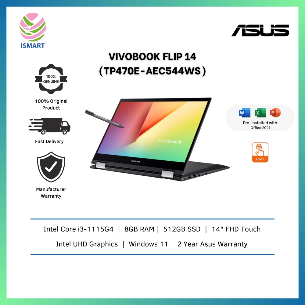 Asus 2In1 Laptop VivoBook Flip 14 TP470EAEC544WS 14'' FHD Touch ( I3