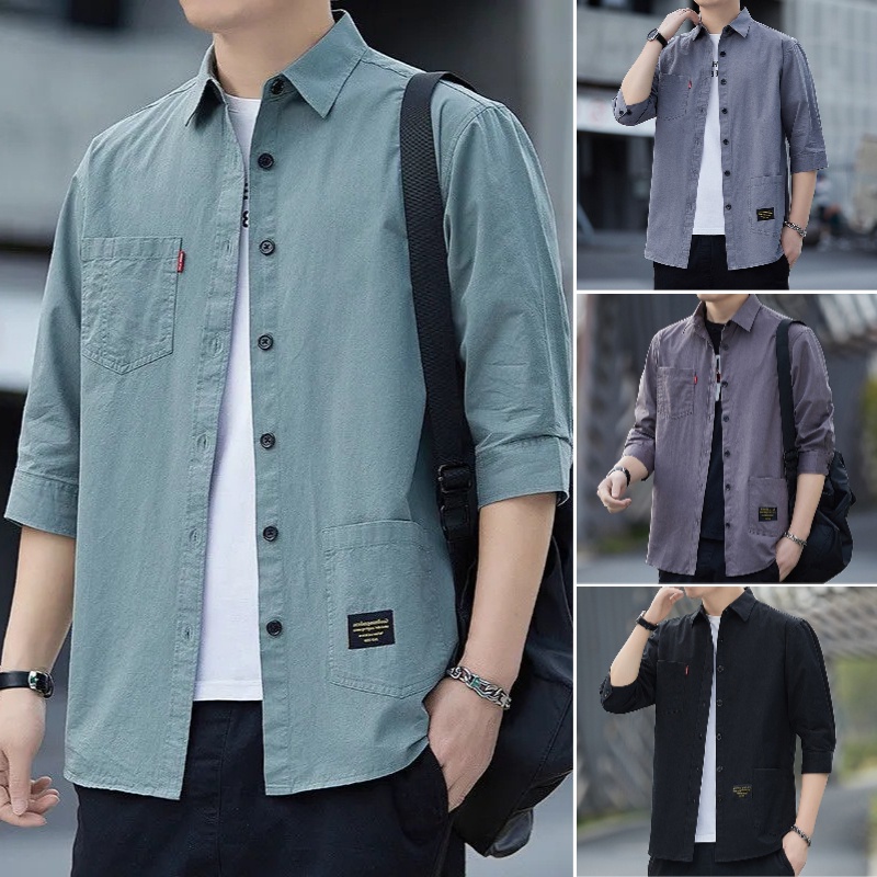 2024 Solid Color Work Shirt Men's Three-quarter Sleeve Handsome Fashion ...