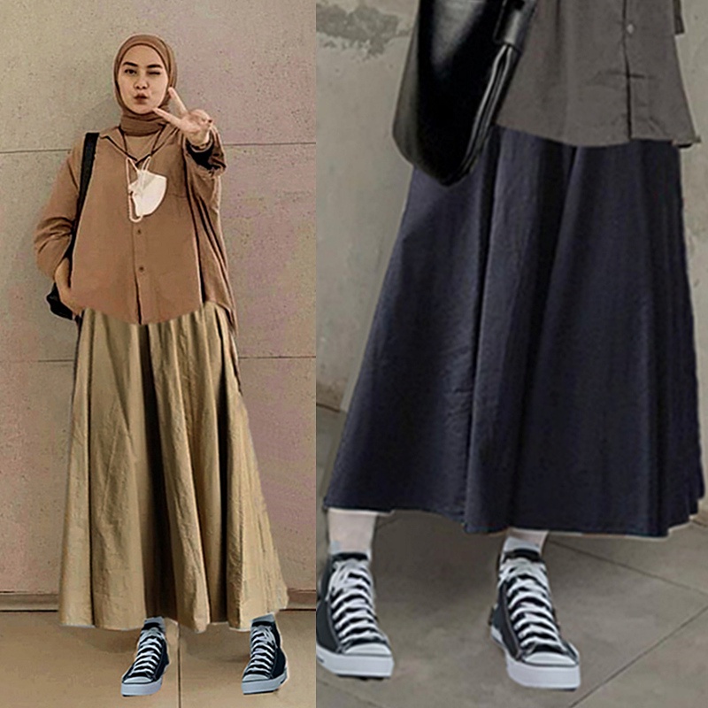 Fashion Women High Waist Pleated Long Maxi Skirts Muslim Lady Slim