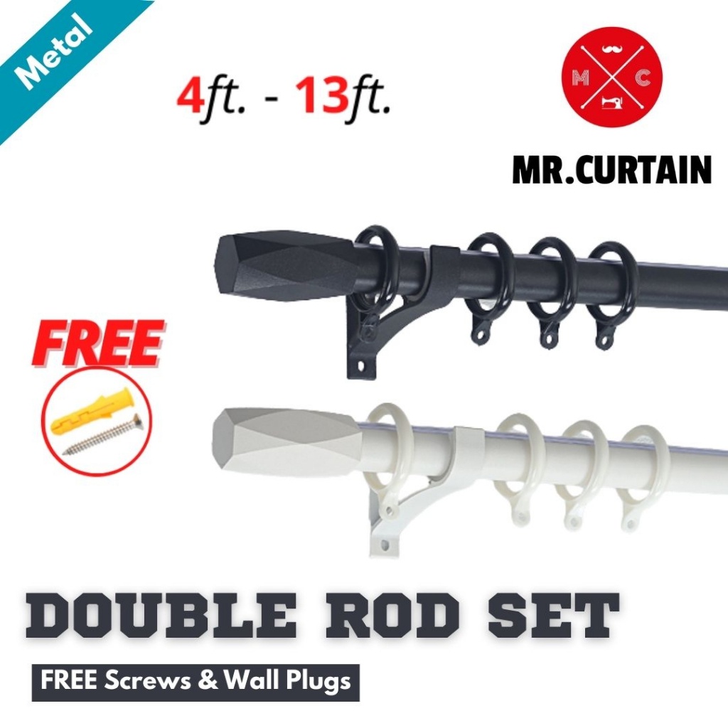 [Double Rod Set] Metal Curtain Rod FREE Rings Screws & Wall plugs