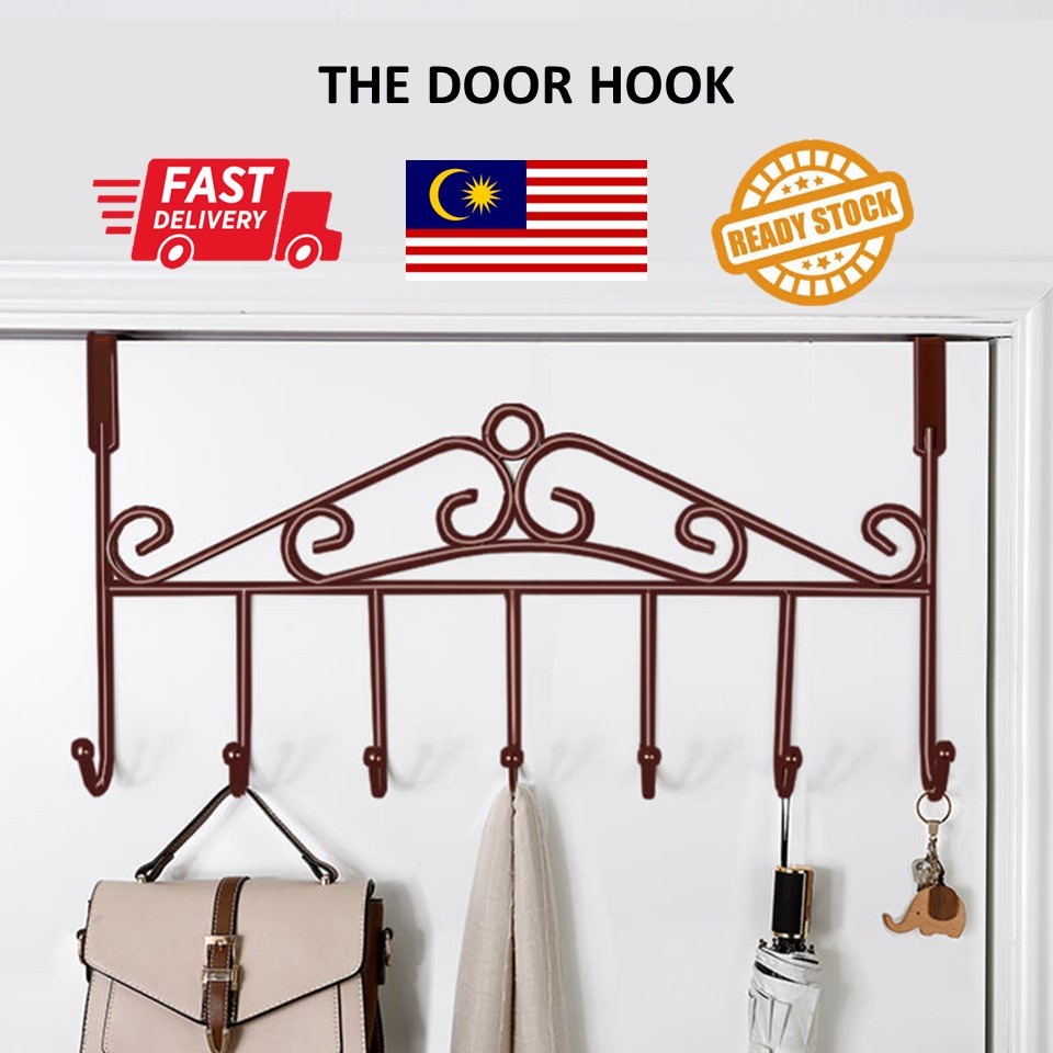 Metal Door Hook Hang Clothes Coats 7 Hooks Space Saver Besi Penggantung