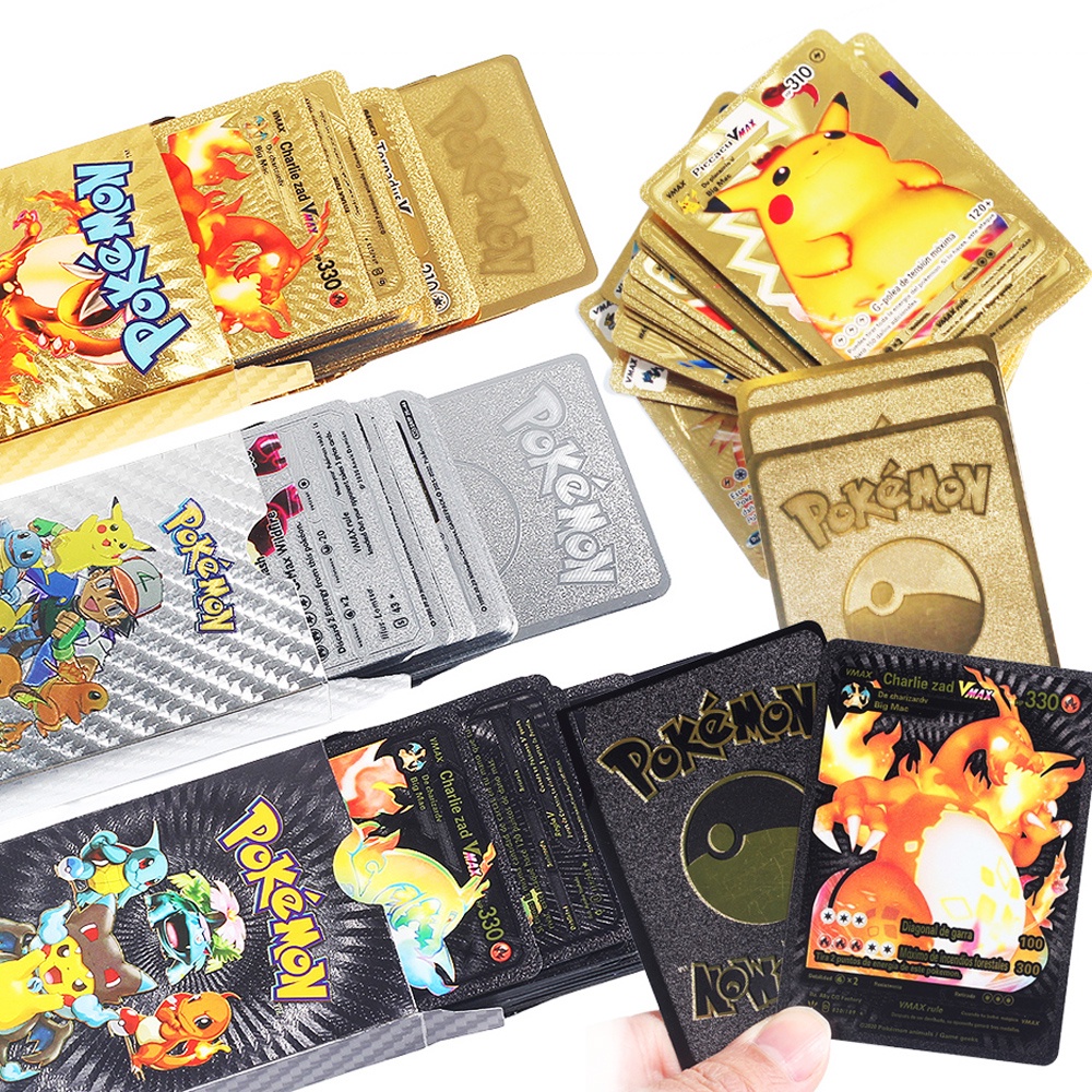 55pcs Rainbow Gold foil Pokemon Metal Cards English Version Charizard ...