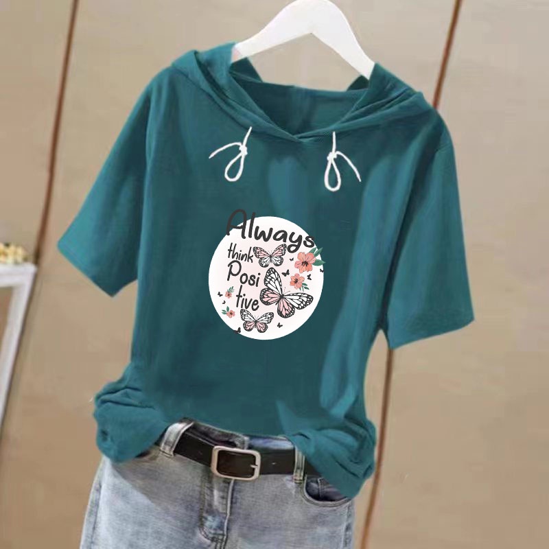 新款韩版女生时尚上衣连帽卫衣 hoodie Short sleeve t-shirt women clothes loose korean style  plus size top woman summer new fashion trend graphic printed hooded tops