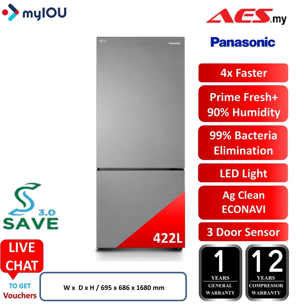 PANASONIC NRBX421BPSM 422L 2 DOOR PRIME FRESH+ AG CLEAN ECONAVI