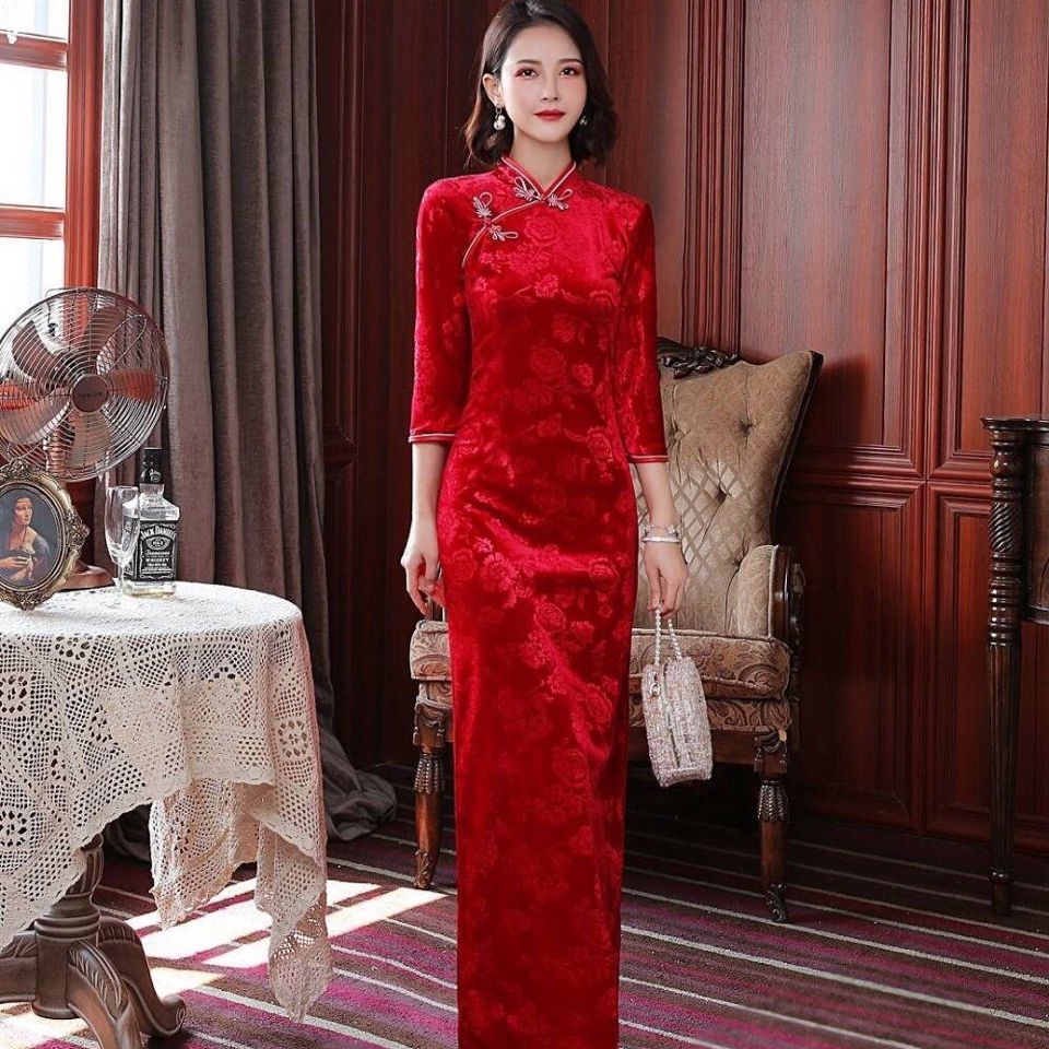 Velvet Cheongsam New Style Long Sleeve Chinese Traditional Long Red Women Daily Dinner Wedding Dress Shopee Malaysia