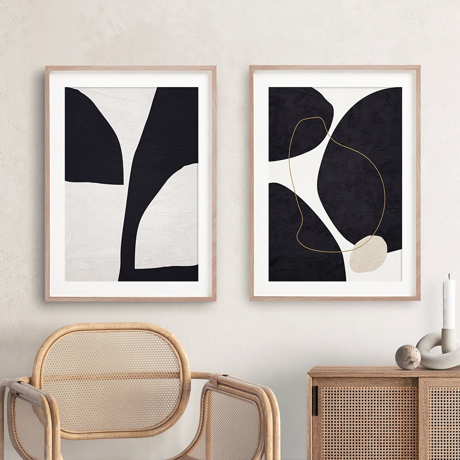 Abstract Geometric Black Beige Mid Century Modern Posters Wall Art ...
