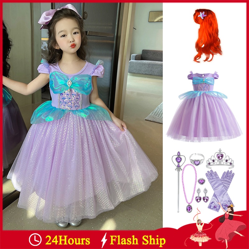 Princess Ariel Girls Sequin Mermaid Dress For Kids With Wig Full Set
