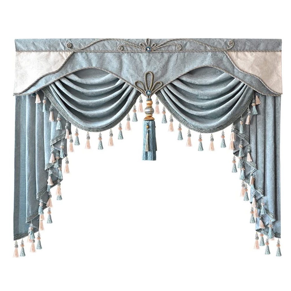 Light Blue Scallop Curtains Luxury European Embroidered Valance Wave