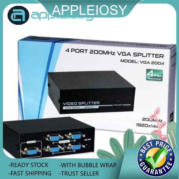 VGA Splitter 1x4 1 to 4 Ports VGA Video 200MHz Support 1920x1440 for ...